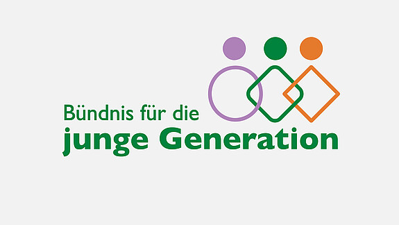 Bündnis für die junge Generation - Logo Das Logo des Bündnisses für die junge Generation zeigt neben dem namengebenden Schriftzug einen Kreis in Lila und zwei Rauten in Grün und Orange als stilisierte Figuren, die sich überlappen.