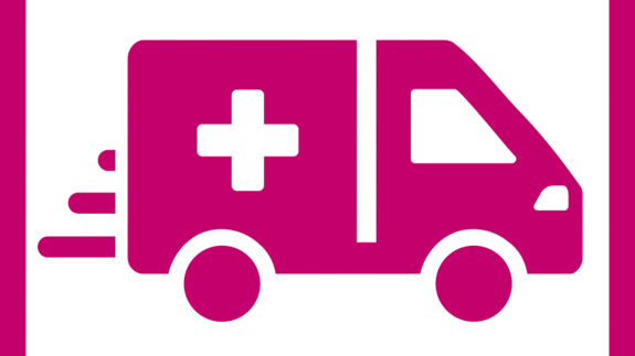 Rettungsdienst_Signet_CMYK Zu sehen ist ein Piktogramm, das einen Rettungswagen zeigt. Darunter der Schriftzug "Rettungsdienst".