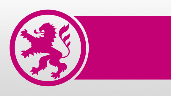 Grafik von einem pinken Streifen auf grauem Grund. Am linken Rand ein Kreis mit einem stilisierten hessischen Löwen.